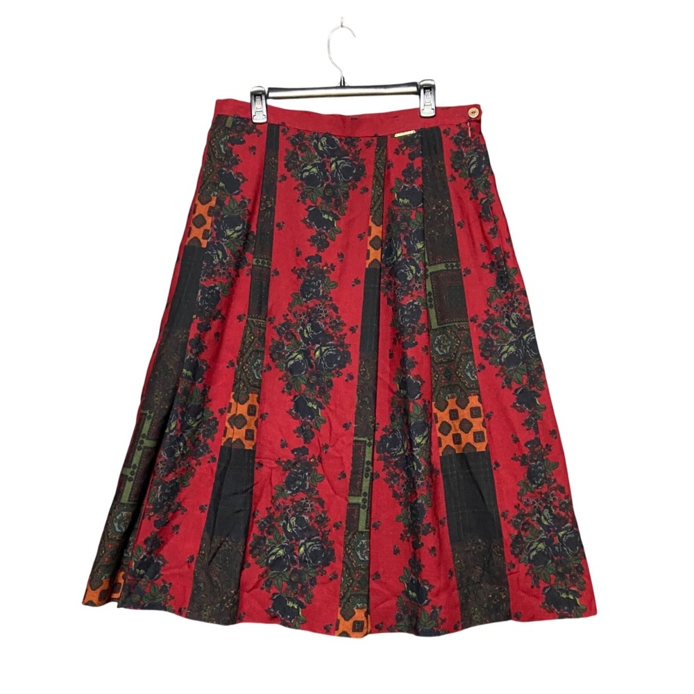 VTG Geiger Collection Austria Red Floral Patchwork Pleated Midi Skirt 46 US 14